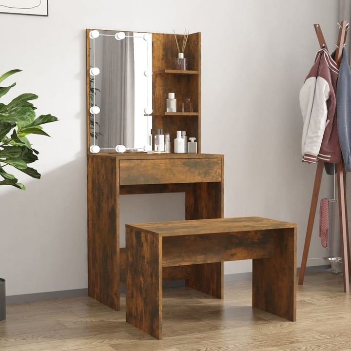 Modern Dressing Table Set with LED Lights, Smoked Oak Finish, Vanity Mirror & Stool - Premium  from Home Treasures - Just £107.99! Shop now at Home Treasures