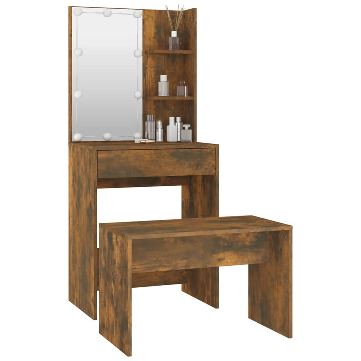 Modern Dressing Table Set with LED Lights, Smoked Oak Finish, Vanity Mirror & Stool - Premium  from Home Treasures - Just £107.99! Shop now at Home Treasures