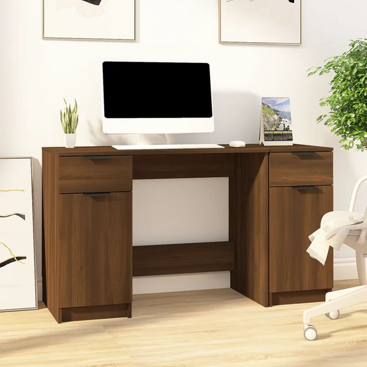 Modern Brown Oak Work Desk with Side Cabinet - Sleek & Spacious Home Office Solution - Premium  from Home Treasures - Just £151.99! Shop now at Home Treasures