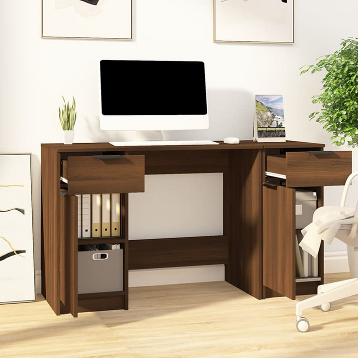 Modern Brown Oak Work Desk with Side Cabinet - Sleek & Spacious Home Office Solution - Premium  from Home Treasures - Just £151.99! Shop now at Home Treasures