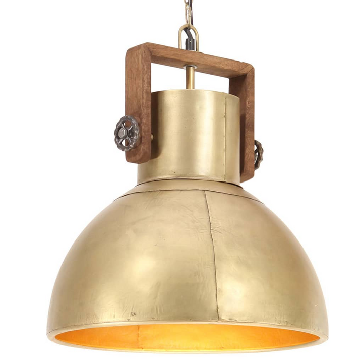 Industrial Hanging Lamp - 25W Brass Round Pendant Light with Mango Wood Accent and 40cm Diameter Shade, E27 Socket - Premium  from Home Treasures - Just £83.99! Shop now at Home Treasures