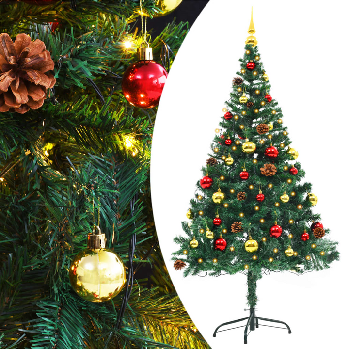 Artificial Pre-lit Christmas Tree with Gold & Red Baubles - Green, 150 LEDs, 4 Lighting Effects, Indoor & Outdoor Use - Premium  from Home Treasures - Just £48.99! Shop now at Home Treasures