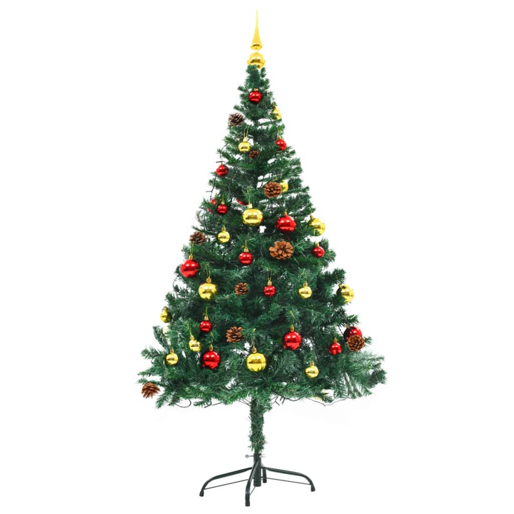 Artificial Pre-lit Christmas Tree with Gold & Red Baubles - Green, 150 LEDs, 4 Lighting Effects, Indoor & Outdoor Use - Premium  from Home Treasures - Just £48.99! Shop now at Home Treasures