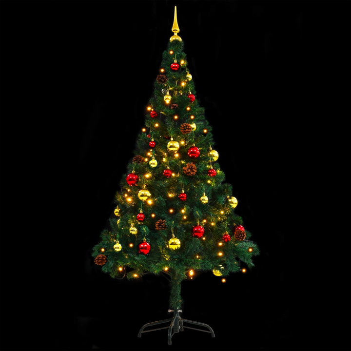 Artificial Pre-lit Christmas Tree with Gold & Red Baubles - Green, 150 LEDs, 4 Lighting Effects, Indoor & Outdoor Use - Premium  from Home Treasures - Just £48.99! Shop now at Home Treasures