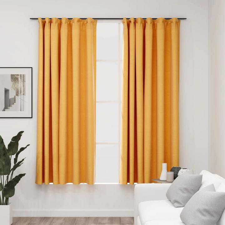 Elegant Linen-Look Blackout Curtains with Hooks - 2 pcs Yellow 140x175 cm - Superior Privacy & Light Control - Premium  from Home Treasures - Just £37.99! Shop now at Home Treasures