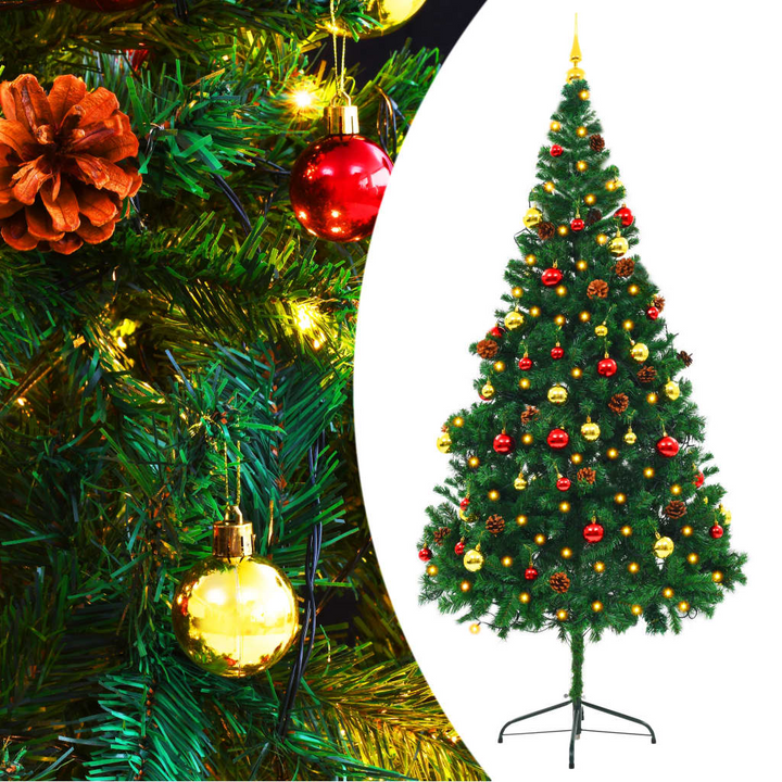 Artificial Pre-lit Christmas Tree with Baubles - 210 cm Green | 200 LEDs, 4 Lighting Effects, Gold & Red Baubles, Perfect for Indoor/Outdoor Decor - Premium  from Home Treasures - Just £53.99! Shop now at Home Treasures