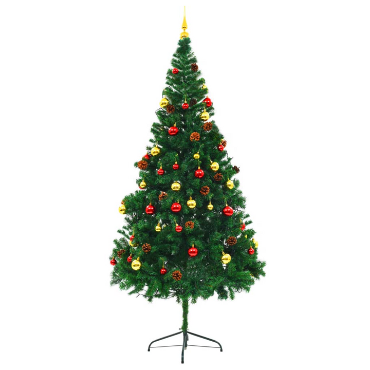 Artificial Pre-lit Christmas Tree with Baubles - 210 cm Green | 200 LEDs, 4 Lighting Effects, Gold & Red Baubles, Perfect for Indoor/Outdoor Decor - Premium  from Home Treasures - Just £53.99! Shop now at Home Treasures