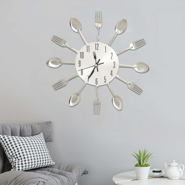 31 cm Silver Aluminium Wall Clock with Spoon and Fork Design - Stylish Kitchen Decor - Premium  from Home Treasures - Just £23.99! Shop now at Home Treasures