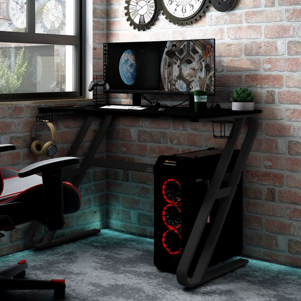 Ergonomic Gaming Desk with Z Shape Legs (Black) - Spacious 110 x 60 x 75cm Workspace, Includes Cup Holder, Earphone and Controller Racks - Premium  from Home Treasures - Just £109.99! Shop now at Home Treasures