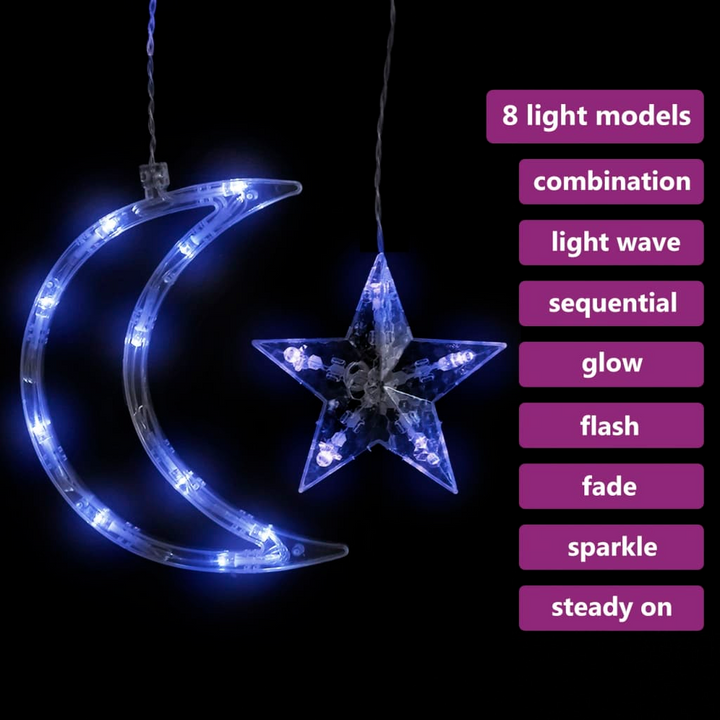 Blue Star and Moon Fairy Lights with Remote Control - 138 LED Decorative Curtain Lighting for Christmas, Parties, and Weddings - Premium  from Home Treasures - Just £17.99! Shop now at Home Treasures