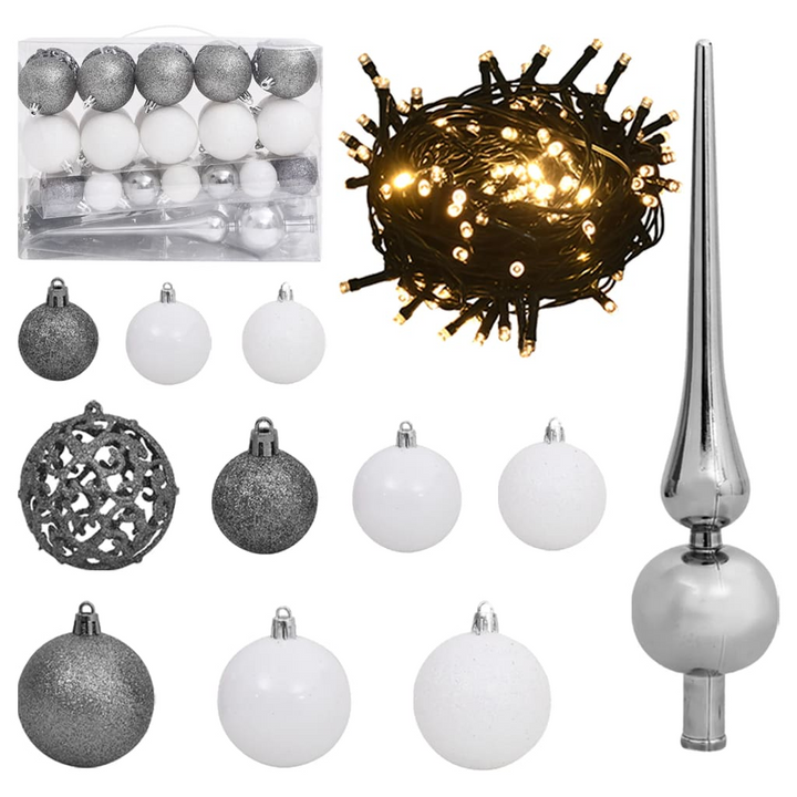 61 Piece Christmas Ball Set with Peak and 150 LEDs - White & Grey Shatterproof Ornaments with 8 Lighting Modes - Premium  from Home Treasures - Just £23.99! Shop now at Home Treasures