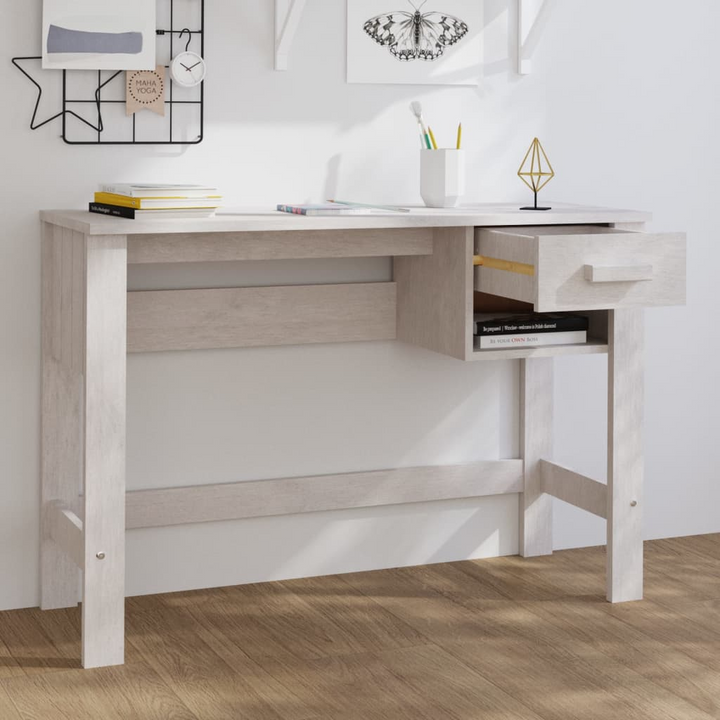 HAMAR Solid Wood Pine Desk - Elegant White Writing Desk with Drawer & Compartment, 110x40x75 cm - Premium  from Home Treasures - Just £97.99! Shop now at Home Treasures