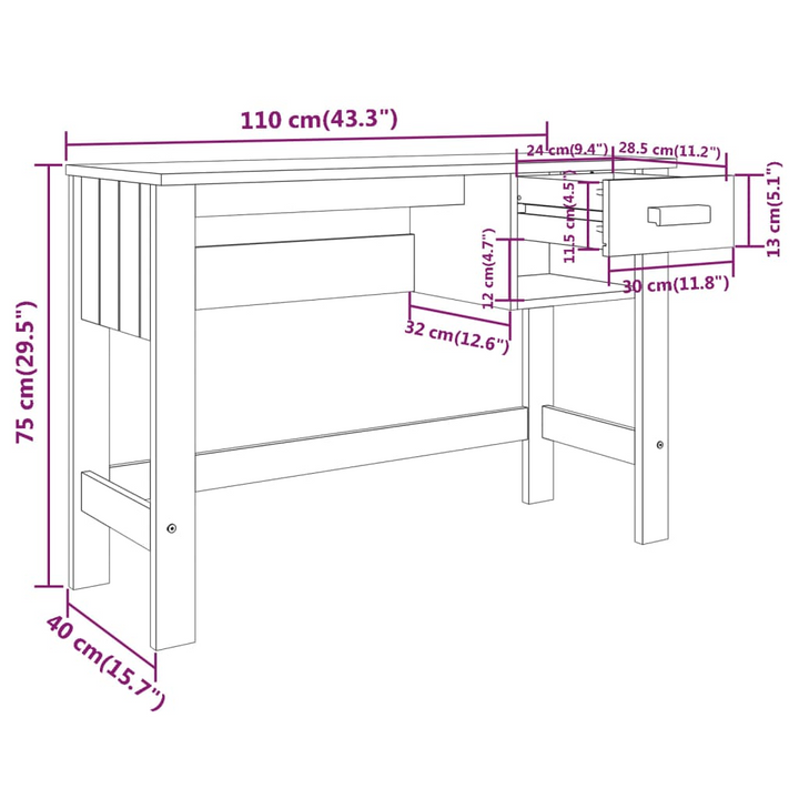 HAMAR Solid Wood Pine Desk - Elegant White Writing Desk with Drawer & Compartment, 110x40x75 cm - Premium  from Home Treasures - Just £97.99! Shop now at Home Treasures