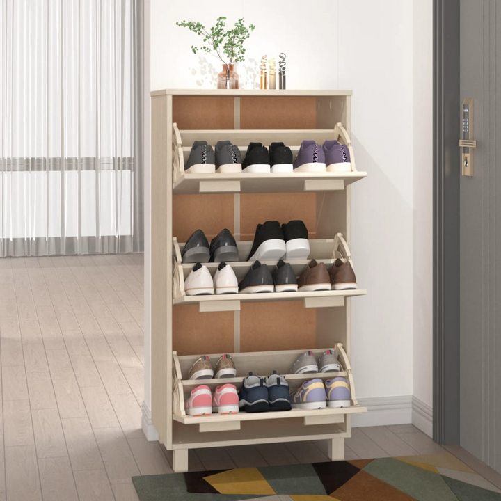 HAMAR Shoe Cabinet - Solid Pinewood, Honey Brown, 3 Flip Drawers | 59.5x35x117 cm | Stylish & Functional Shoe Storage - Premium  from Home Treasures - Just £120.99! Shop now at Home Treasures