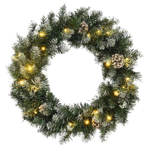 45 cm Green Christmas Wreath with LED Lights - Weather-Resistant PVC, Pine Cones & Snow Effect - Premium  from Home Treasures - Just £40.99! Shop now at Home Treasures