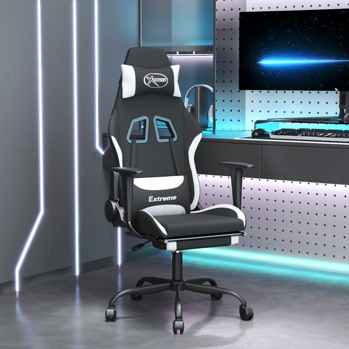 Ergonomic Swivel Gaming Chair with Footrest, Black and White Fabric - Premium  from Home Treasures - Just £114.99! Shop now at Home Treasures