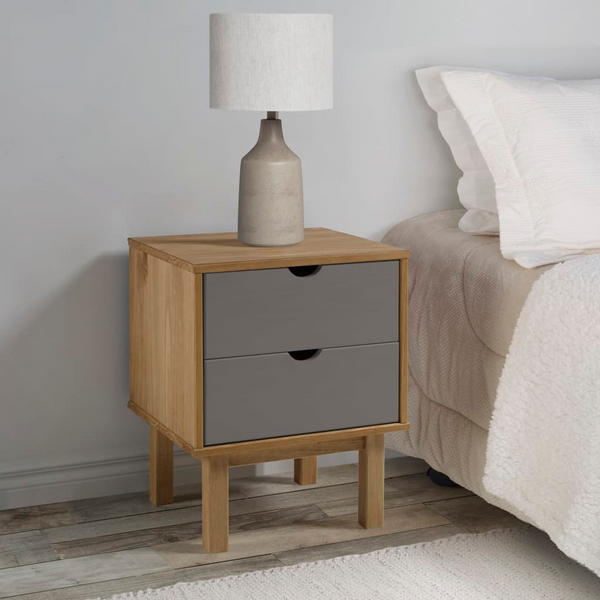 OTTA Scandinavian Bedside Cabinet - Solid Pine Wood, Brown & Grey, 2 Drawers, 45x39x57 cm - Premium  from Home Treasures - Just £58.99! Shop now at Home Treasures