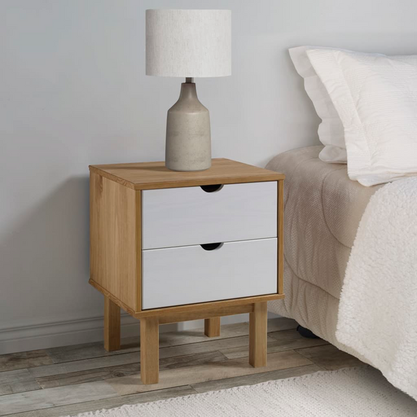 OTTA Bedside Cabinet - Solid Pine Wood, Brown & White, 46x39.5x57cm - Scandinavian Style Nightstand with 2 Drawers - Premium  from Home Treasures - Just £61.99! Shop now at Home Treasures