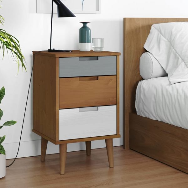 MOLDE Brown Solid Pine Bedside Cabinet | 3 Drawer Scandinavian Nightstand - 40x35x65 cm - Premium  from Home Treasures - Just £82.99! Shop now at Home Treasures