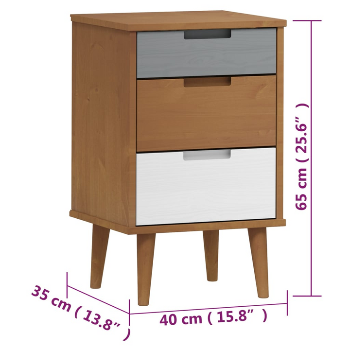 MOLDE Brown Solid Pine Bedside Cabinet | 3 Drawer Scandinavian Nightstand - 40x35x65 cm - Premium  from Home Treasures - Just £82.99! Shop now at Home Treasures