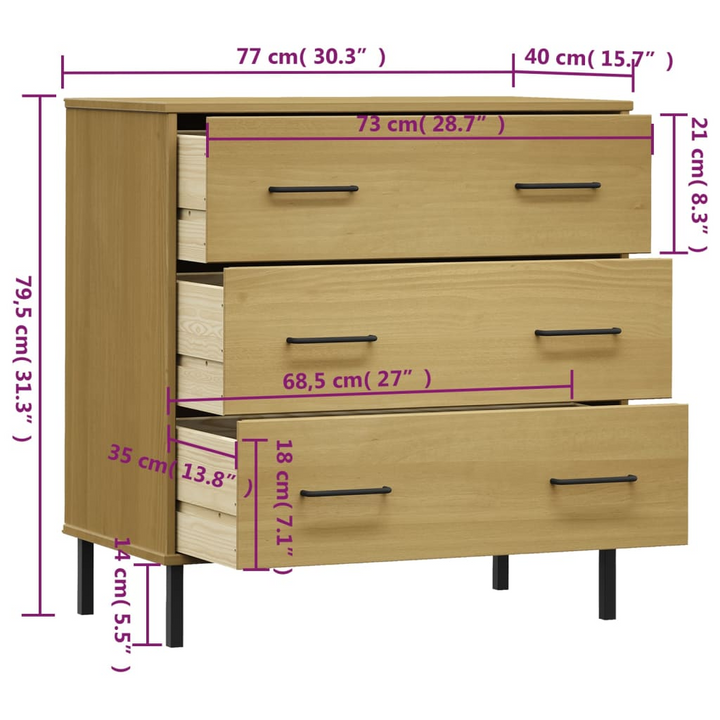 Solid Pine OSLO Sideboard with 3 Drawers in Brown - 77 x 40 x 79.5cm - Rustic and Practical Storage Solution - Premium  from Home Treasures - Just £111.99! Shop now at Home Treasures