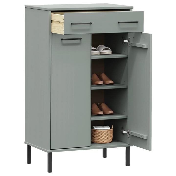 OSLO Wooden Shoe Rack with Metal Legs in Grey - Solid Pine Wood, Ample Storage with Drawer and Doors - Premium  from Home Treasures - Just £131.99! Shop now at Home Treasures