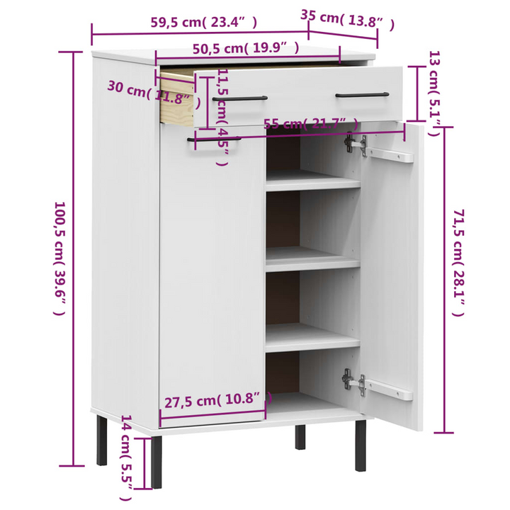 OSLO Shoe Cabinet - Solid Pine Wood & Metal Legs, White Finish - Stylish & Functional Shoe Organizer - Premium  from Home Treasures - Just £146.99! Shop now at Home Treasures