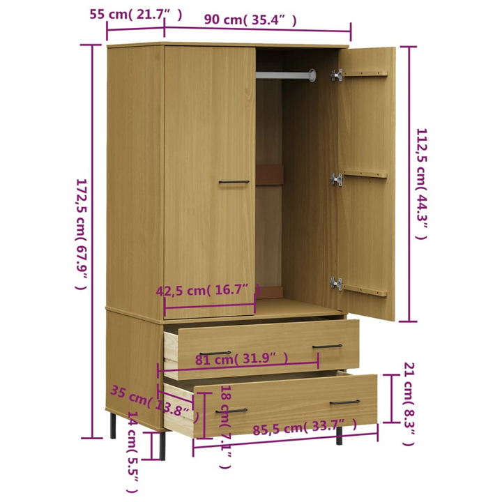 OSLO Elegant and Sturdy Solid Pine Two Door Wardrobe in Brown, 90 x 55 x 172.5cm | Ample Storage Space, Rustic Design - Premium  from Home Treasures - Just £371.99! Shop now at Home Treasures