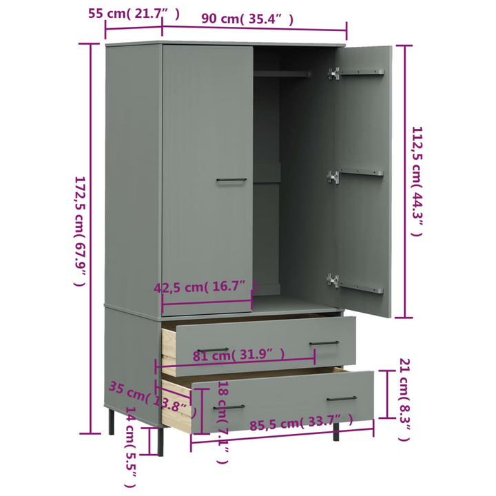 Solid Pine OSLO Wardrobe with Metal Legs in Grey, 90 x 55 x 172.5 cm – Stylish & Durable Storage Solution - Premium  from Home Treasures - Just £365.99! Shop now at Home Treasures