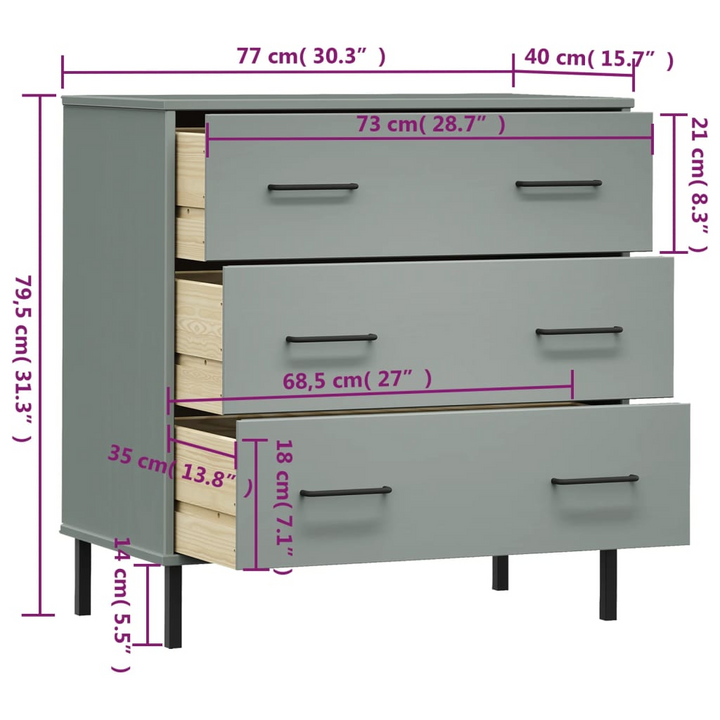 Solid Pine OSLO Sideboard with 3 Drawers in Grey - Industrial Charm & Practicality | 77x40x79.5cm - Premium  from Home Treasures - Just £149.99! Shop now at Home Treasures