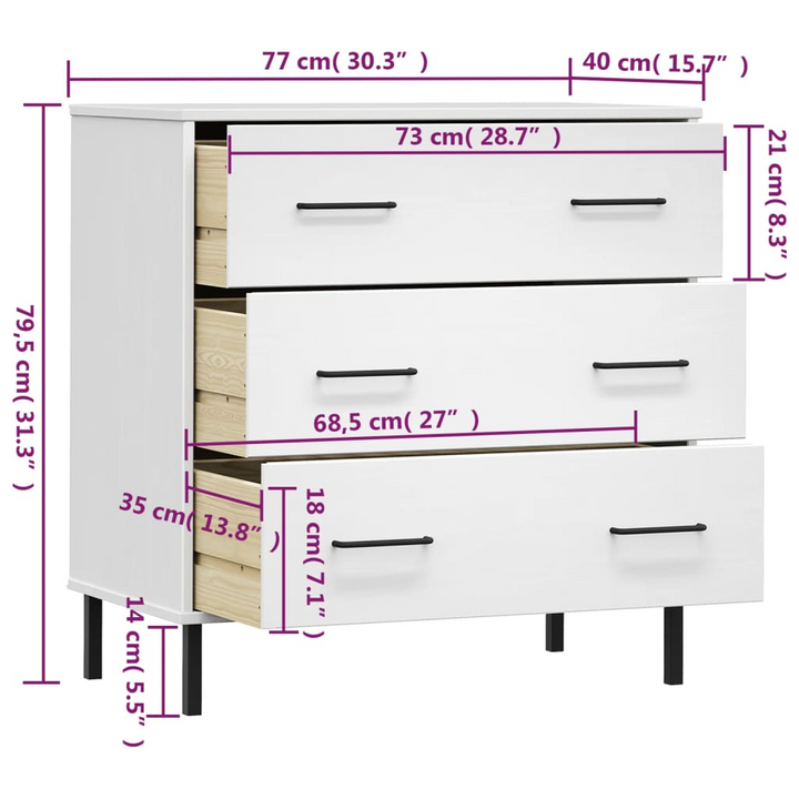 Stylish OSLO Solid Pine Wood Sideboard with 3 Drawers in White - 77x40x79.5 cm | Industrial Design & Ample Storage - Premium  from Home Treasures - Just £138.99! Shop now at Home Treasures