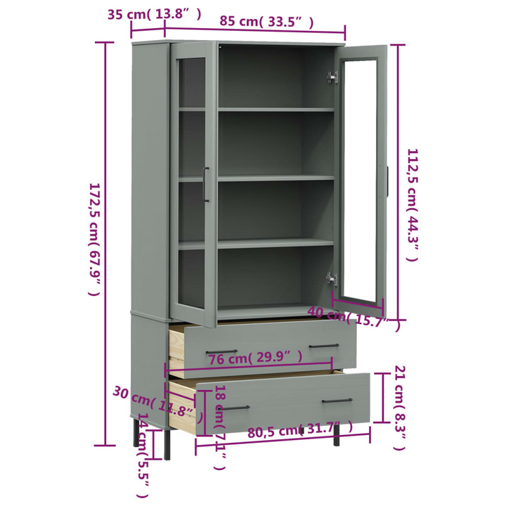 OSLO Solid Wood Display Cabinet with Metal Legs - Grey, 85x35x172.5 cm | Stylish and Durable Storage Solution - Premium  from Home Treasures - Just £320.99! Shop now at Home Treasures