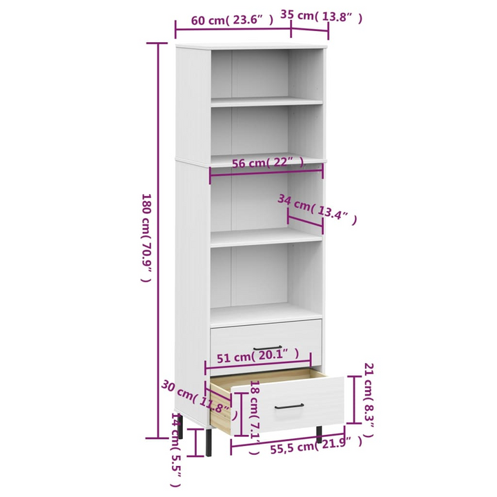 OSLO Solid Wood Bookcase with 2 Drawers - White, 60x35x180 cm - Elegant and Durable Storage Solution - Premium  from Home Treasures - Just £192.99! Shop now at Home Treasures