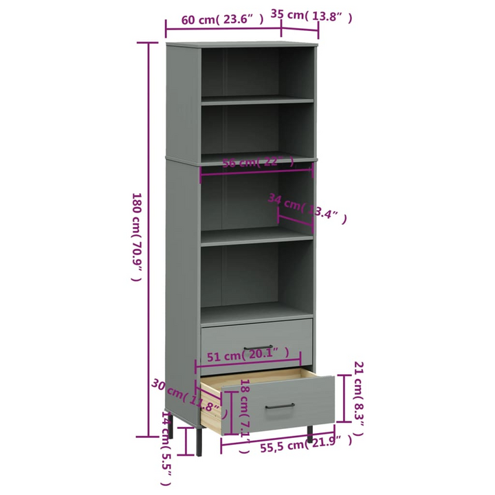 OSLO Solid Wood Bookcase with 2 Drawers in Grey - Stylish & Durable - 60x35x180 cm - Premium  from Home Treasures - Just £182.99! Shop now at Home Treasures