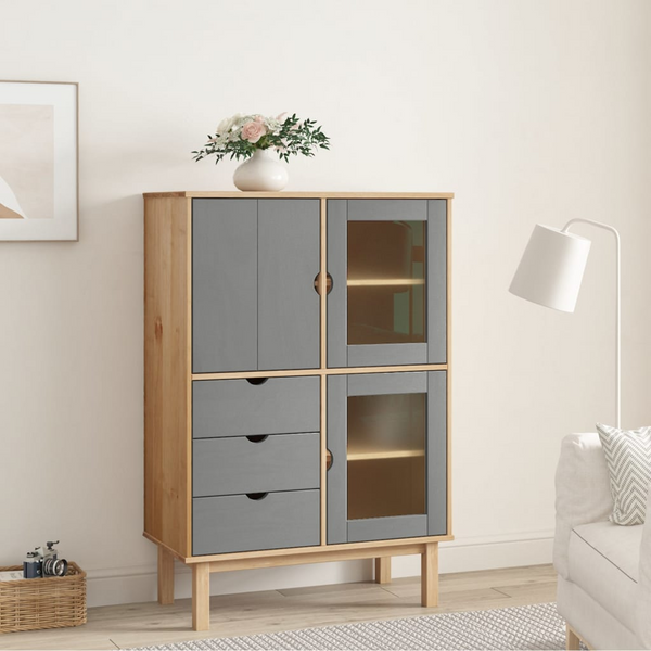 OTTA Highboard in Brown and Grey - 85x43x125 cm, Solid Wood Pine Storage Cabinet with Drawers and Doors - Premium  from Home Treasures - Just £289.99! Shop now at Home Treasures