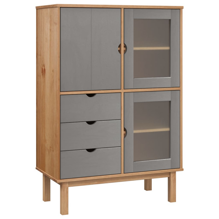 OTTA Highboard in Brown and Grey - 85x43x125 cm, Solid Wood Pine Storage Cabinet with Drawers and Doors - Premium  from Home Treasures - Just £263.99! Shop now at Home Treasures