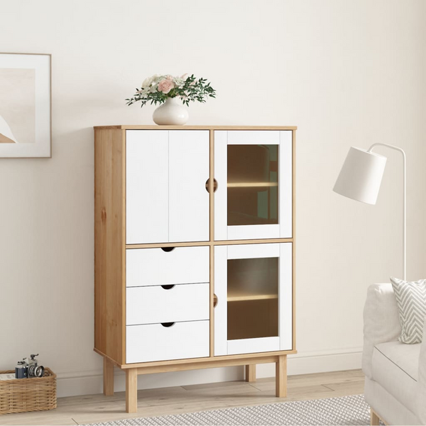 OTTA Highboard – Stylish Brown & White 85x43x125 cm Solid Pine Wood Cabinet with Ample Storage - Premium  from Home Treasures - Just £263.99! Shop now at Home Treasures