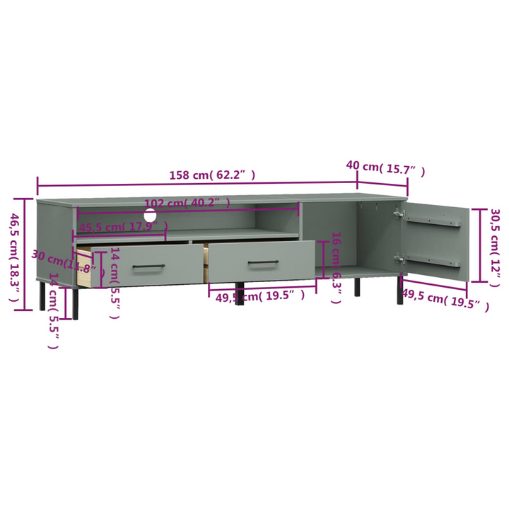 OSLO Grey Solid Wood Pine TV Cabinet with Metal Legs - Trendy & Practical Media Unit - Premium  from Home Treasures - Just £136.99! Shop now at Home Treasures