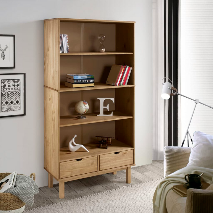 OTTA Bookcase with 2 Drawers in Brown Solid Pine Wood - Scandi Design & Ample Storage - Premium  from Home Treasures - Just £250.99! Shop now at Home Treasures