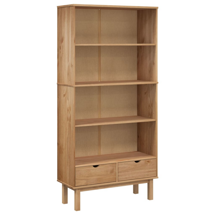 OTTA Bookcase with 2 Drawers in Brown Solid Pine Wood - Scandi Design & Ample Storage - Premium  from Home Treasures - Just £250.99! Shop now at Home Treasures