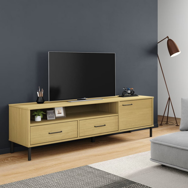 OSLO TV Cabinet with Metal Legs - Stylish Brown Solid Pine Wood Media Unit with Spacious Storage - Premium  from Home Treasures - Just £88.99! Shop now at Home Treasures