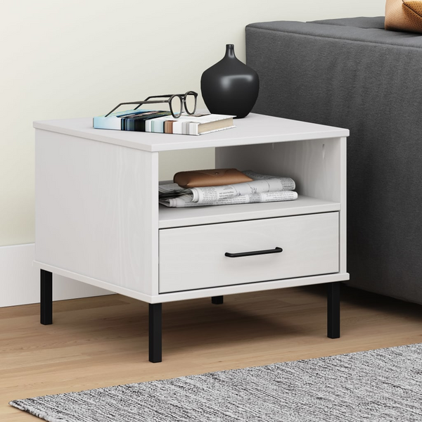 OSLO Solid Pine Wood Bedside Table with Metal Legs - White, 1 Drawer & 1 Compartment Nightstand - Premium  from Home Treasures - Just £45.99! Shop now at Home Treasures