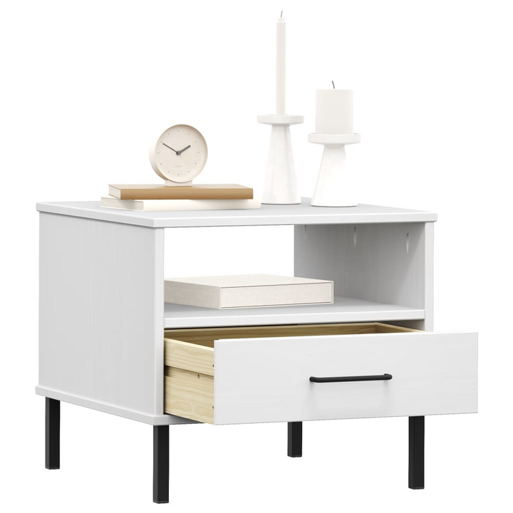 OSLO Solid Pine Wood Bedside Table with Metal Legs - White, 1 Drawer & 1 Compartment Nightstand - Premium  from Home Treasures - Just £45.99! Shop now at Home Treasures