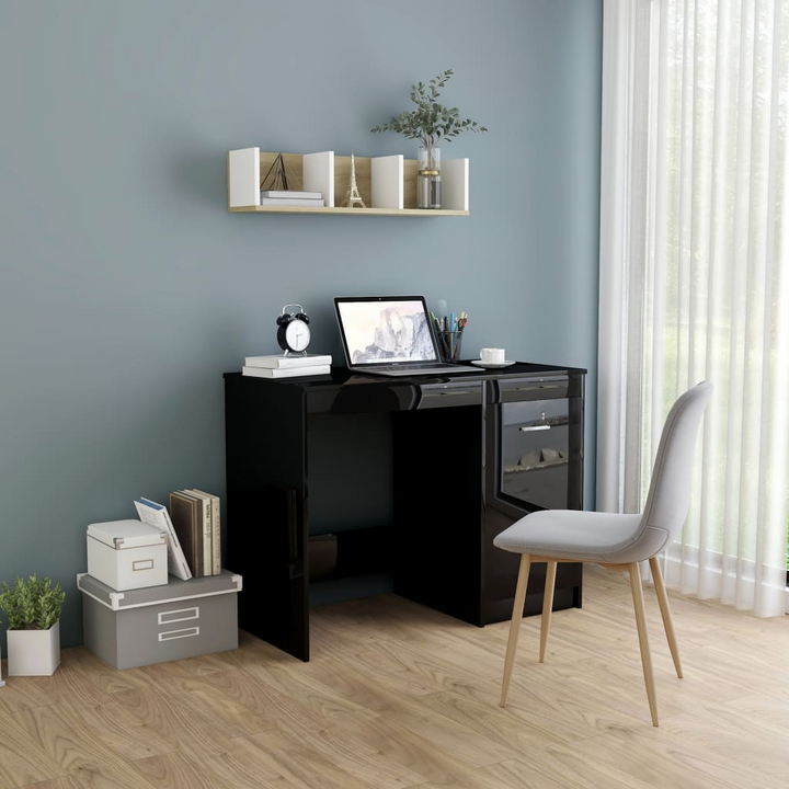 Modern High Gloss Black Work Desk - 100 x 50 x 76cm with Integrated Storage Cabinet - Premium  from Home Treasures - Just £128.99! Shop now at Home Treasures