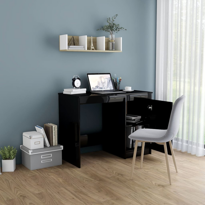 Modern High Gloss Black Work Desk - 100 x 50 x 76cm with Integrated Storage Cabinet - Premium  from Home Treasures - Just £128.99! Shop now at Home Treasures