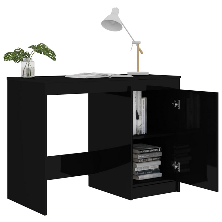 Modern High Gloss Black Work Desk - 100 x 50 x 76cm with Integrated Storage Cabinet - Premium  from Home Treasures - Just £128.99! Shop now at Home Treasures