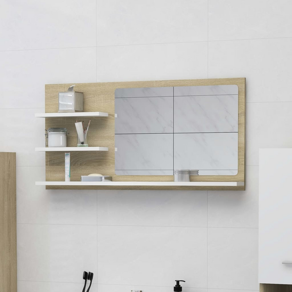 Shelved Sonoma Oak Bathroom Mirror - Natural & White, 3 Shelf Wall-Mounted Mirror 90x10.5x45cm - Stylish & Functional for Modern Bathrooms - Premium  from Home Treasures - Just £35.99! Shop now at Home Treasures