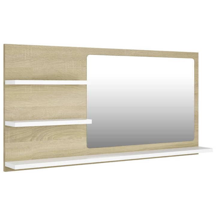 Shelved Sonoma Oak Bathroom Mirror - Natural & White, 3 Shelf Wall-Mounted Mirror 90x10.5x45cm - Stylish & Functional for Modern Bathrooms - Premium  from Home Treasures - Just £35.99! Shop now at Home Treasures