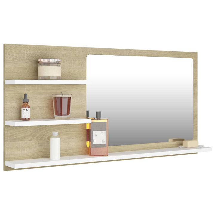 Shelved Sonoma Oak Bathroom Mirror - Natural & White, 3 Shelf Wall-Mounted Mirror 90x10.5x45cm - Stylish & Functional for Modern Bathrooms - Premium  from Home Treasures - Just £35.99! Shop now at Home Treasures