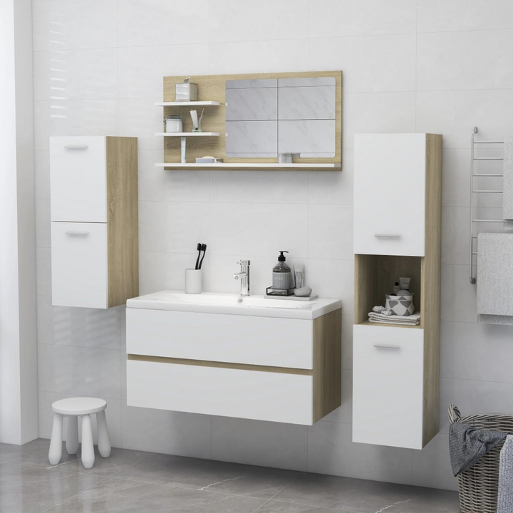 Shelved Sonoma Oak Bathroom Mirror - Natural & White, 3 Shelf Wall-Mounted Mirror 90x10.5x45cm - Stylish & Functional for Modern Bathrooms - Premium  from Home Treasures - Just £35.99! Shop now at Home Treasures